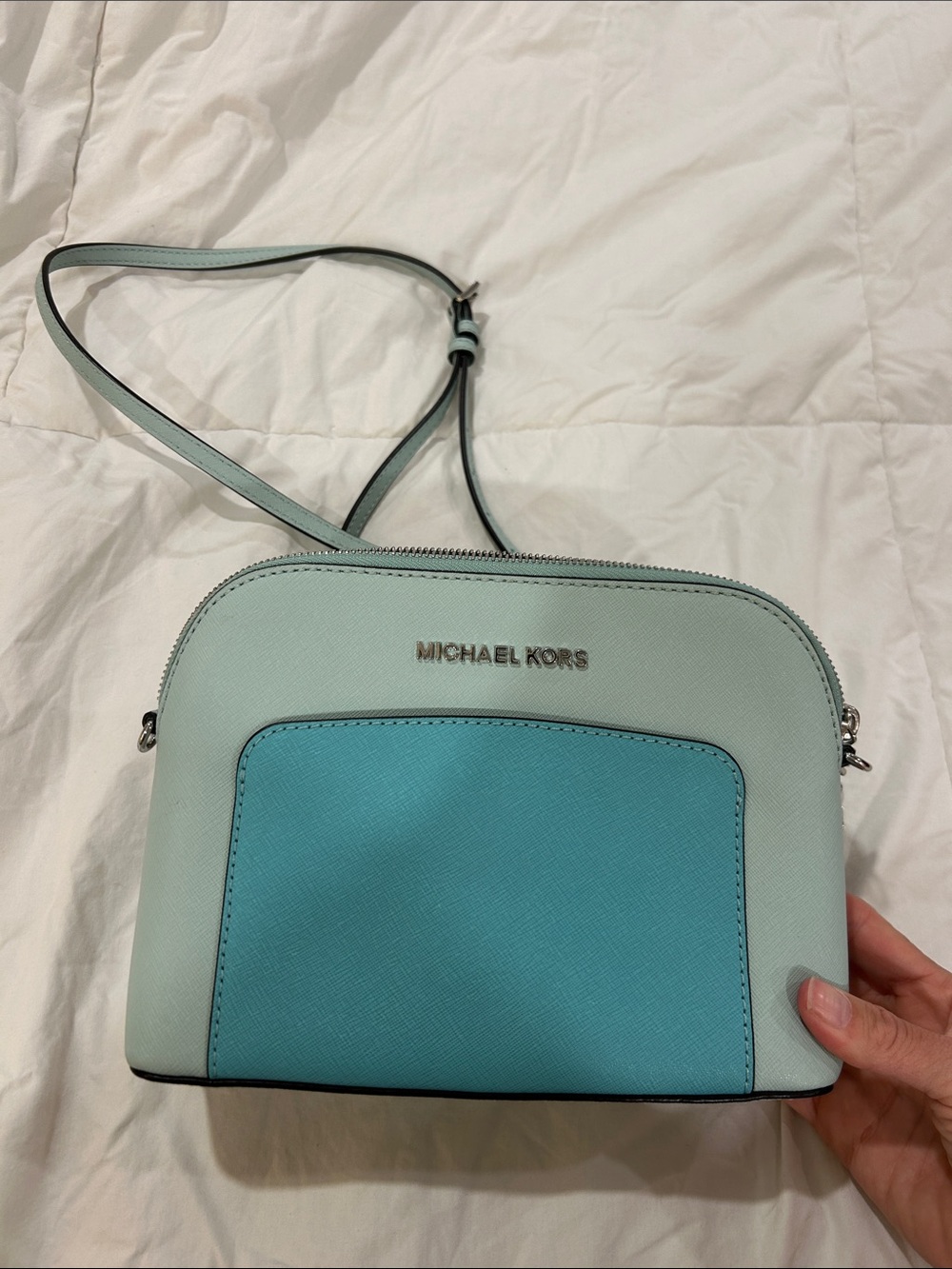 Michael Kors Emmy Dome Crossbody Bag Mint Aqua Saffiano Leather Silver Hardware